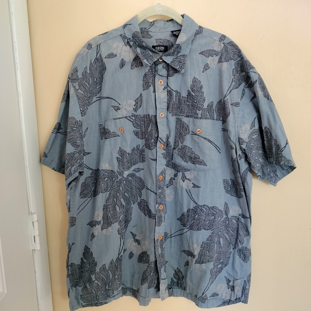 Izod Mens Blue Leaf Print cotton short sleeve button up Shirt XL vacation Resort